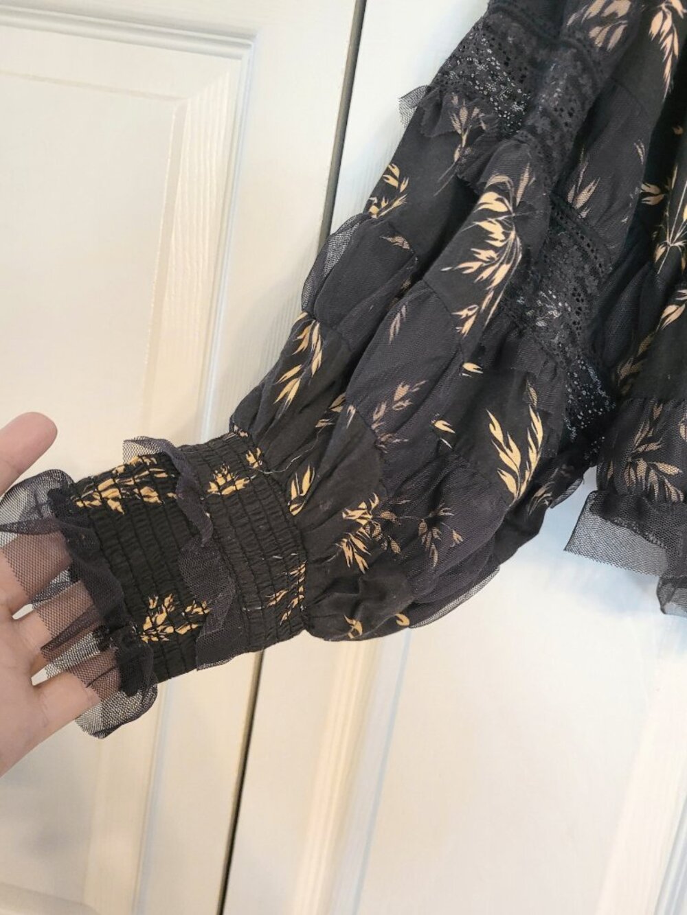 Anthropologie Black Motif V-Neck Ruffle Lace Detail Blouse - Picture 7 of 11
